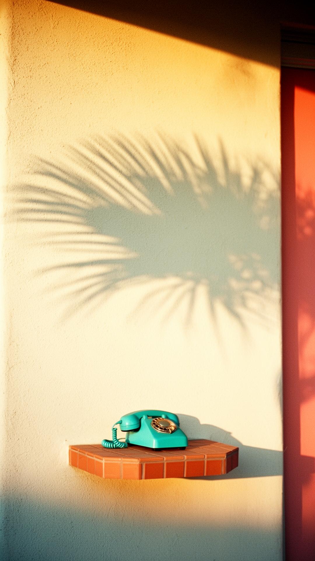 Vintage Palm Springs cream wall with palm shadow and turquoise rotary telephone