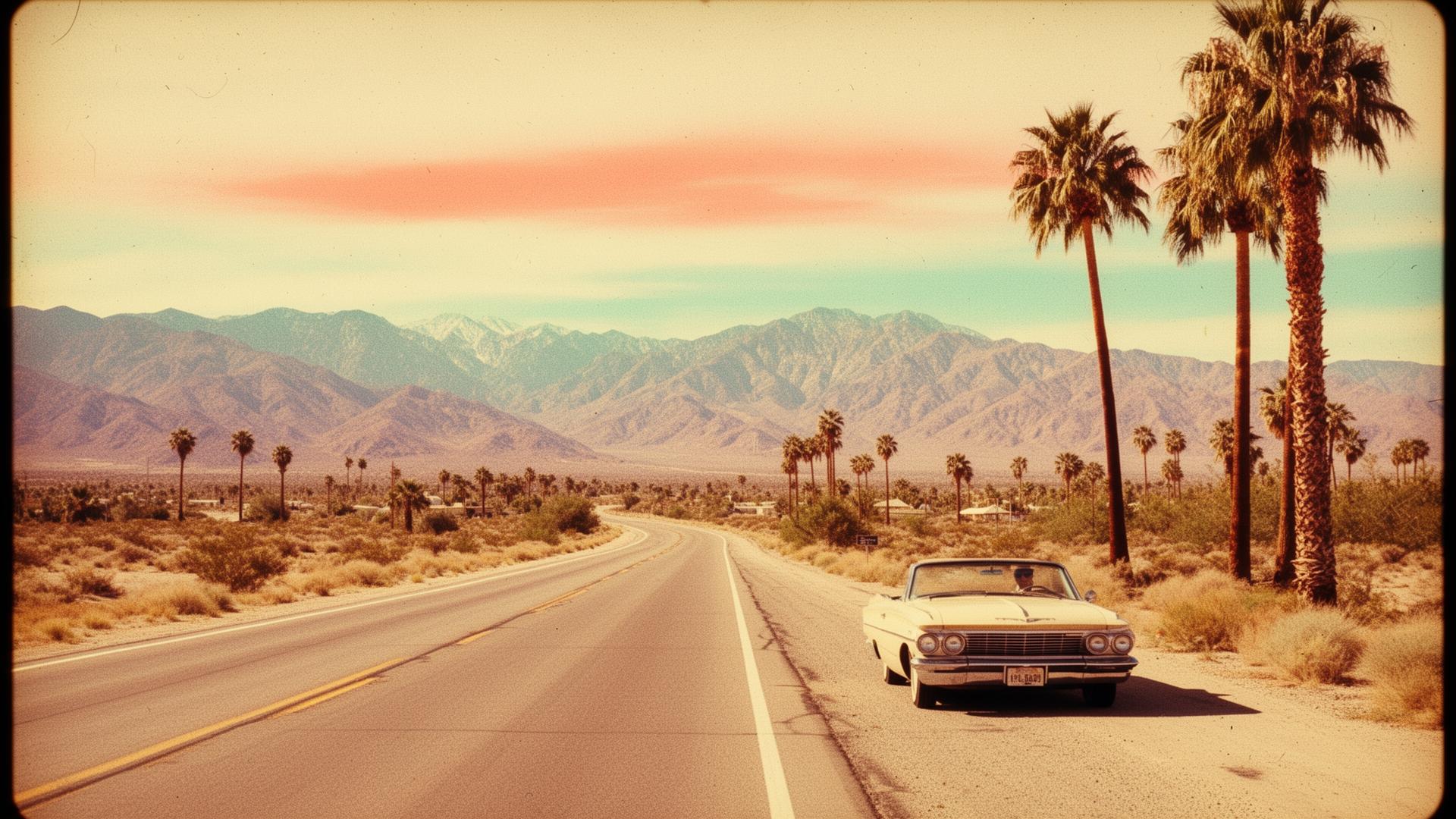 Open desert highway at golden hour with palm trees